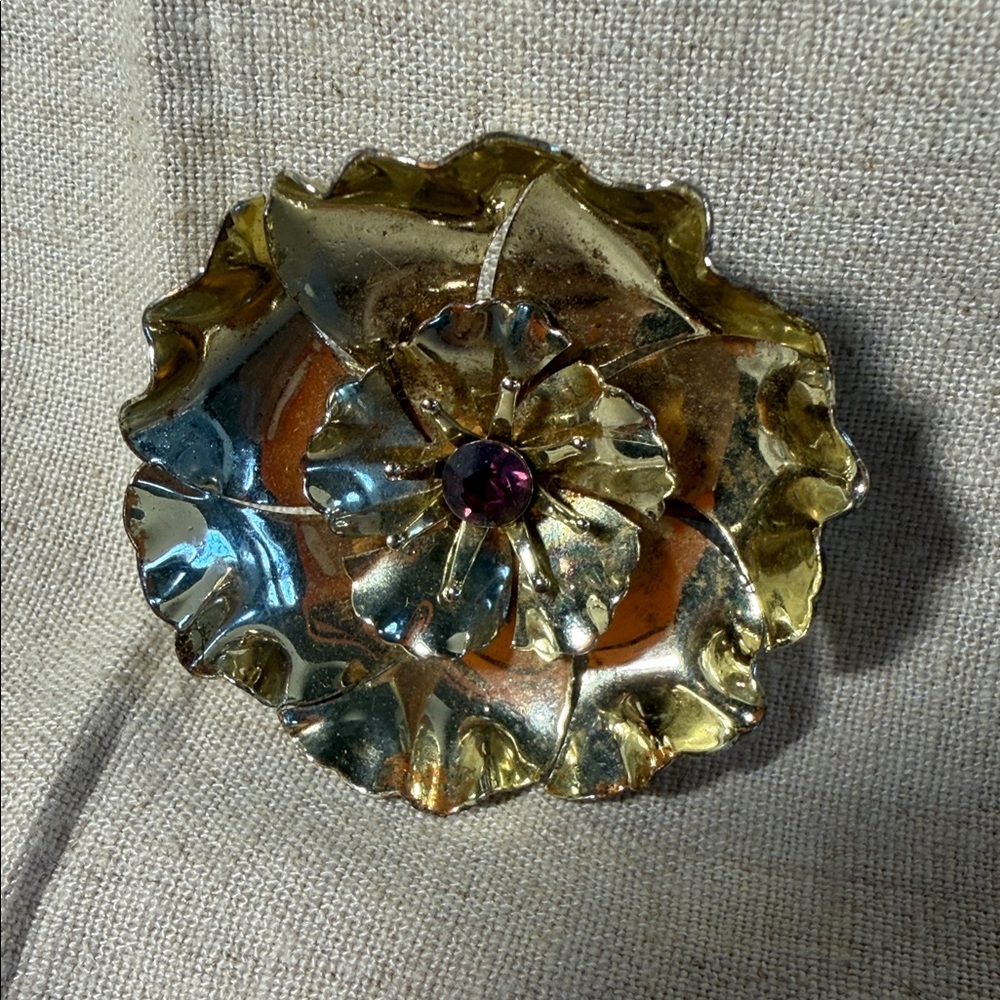 Gold-Tone Floral Brooch with Purple Center Stone
